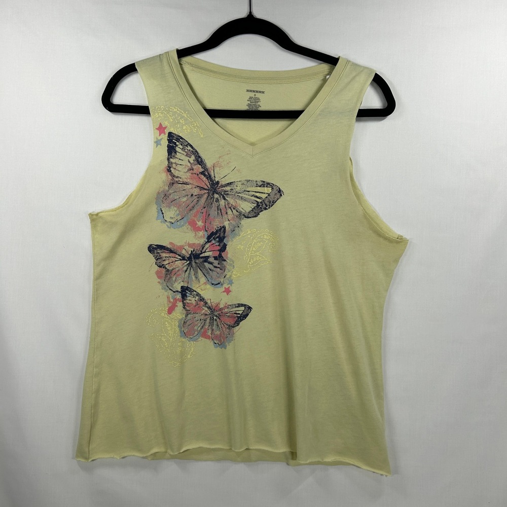 Vintage Y2K Yellow Butterfly Graphic V-Neck Tank Top Size S Cutout